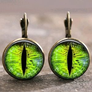 New Green Dragon Eyes Glass Cabochon Bronze Earrings.